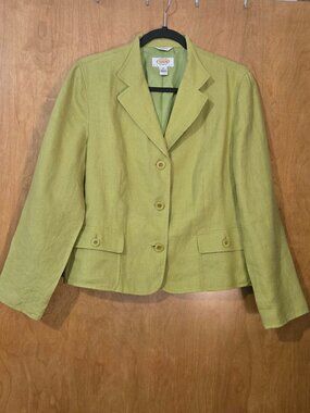 Talbots Blazer Size 10P Lime Green 100% Irish Linen Lined Button Jacket Career